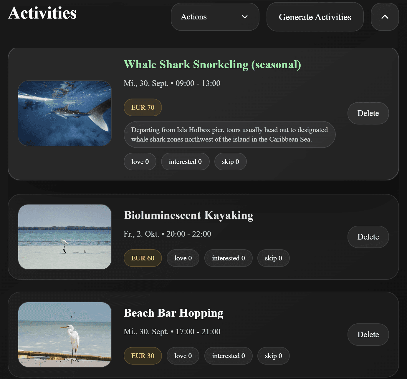 TravelAI activities list with AI generated activities, costs and timing